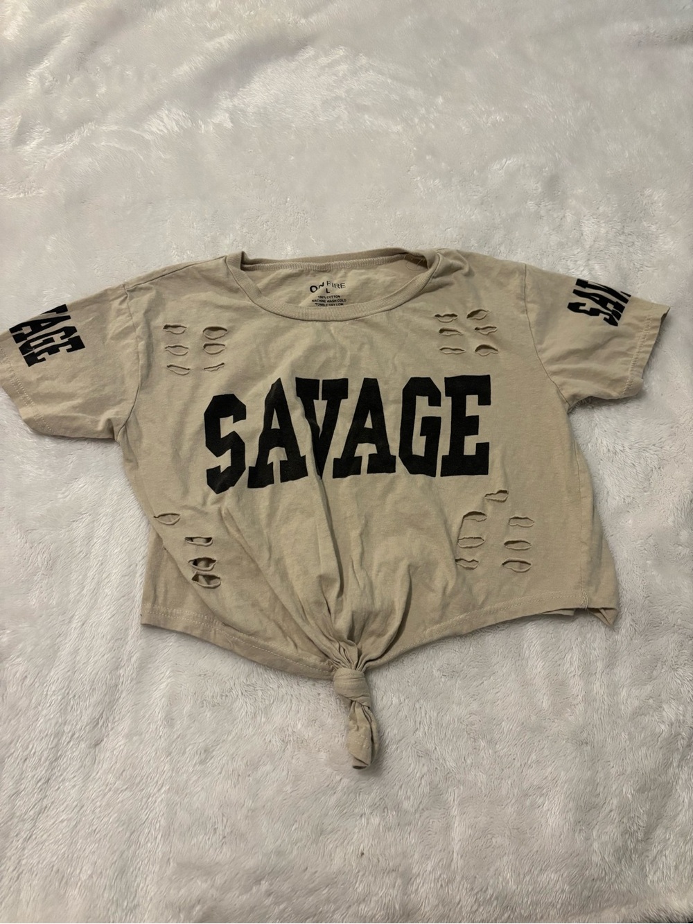 On Fire Savage Distressed Tee in Beige & Black Large